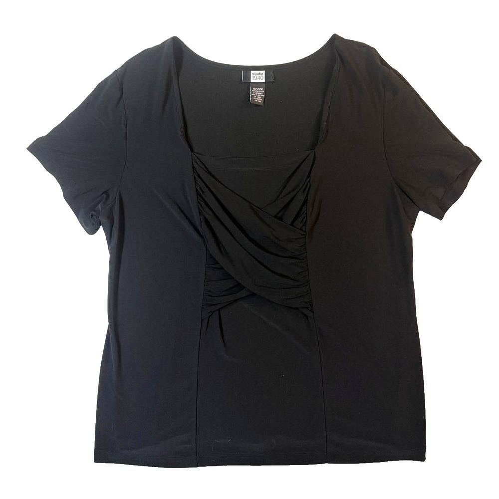 Studio 1940 Shirt Womens 18/20W Black Pleated Scoop Neck Vintage Academia